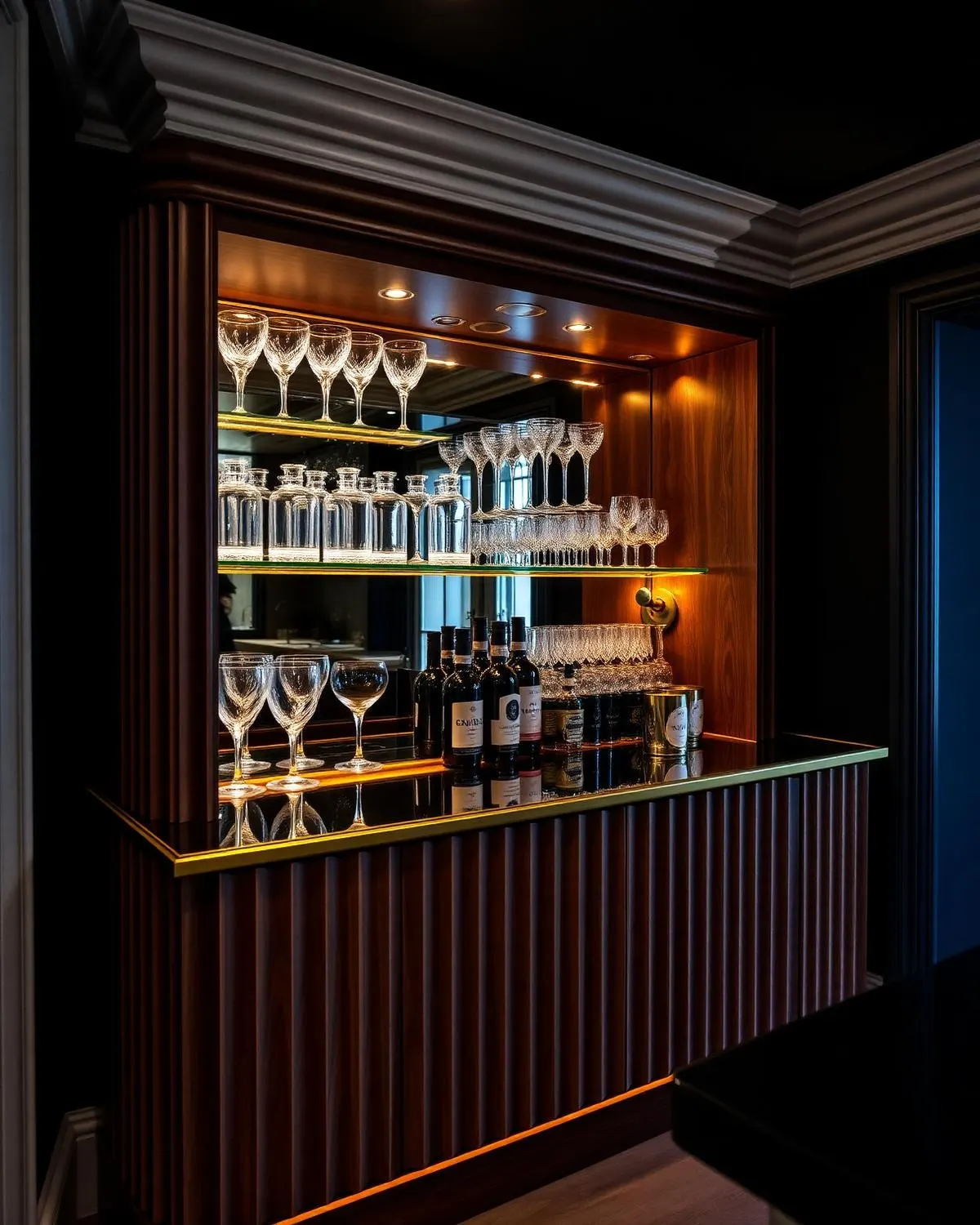 Fluted bar unit with glass shelving