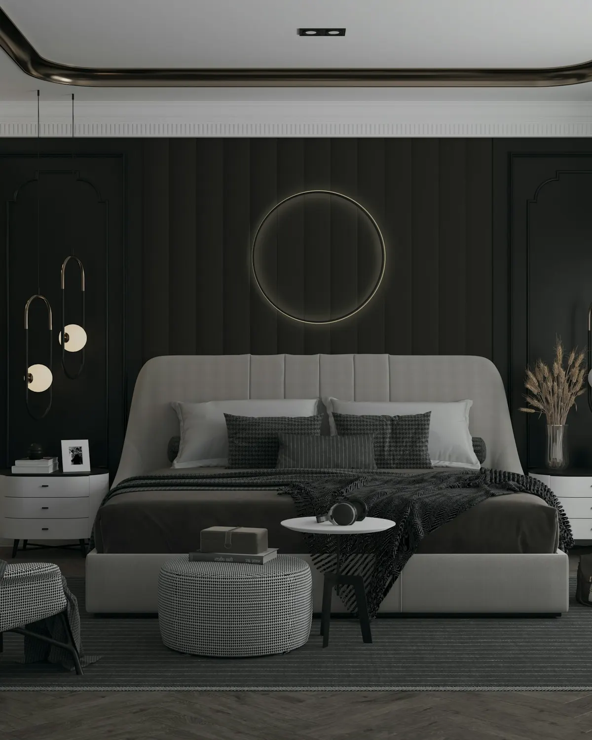 Panelled bedroom in charcoal