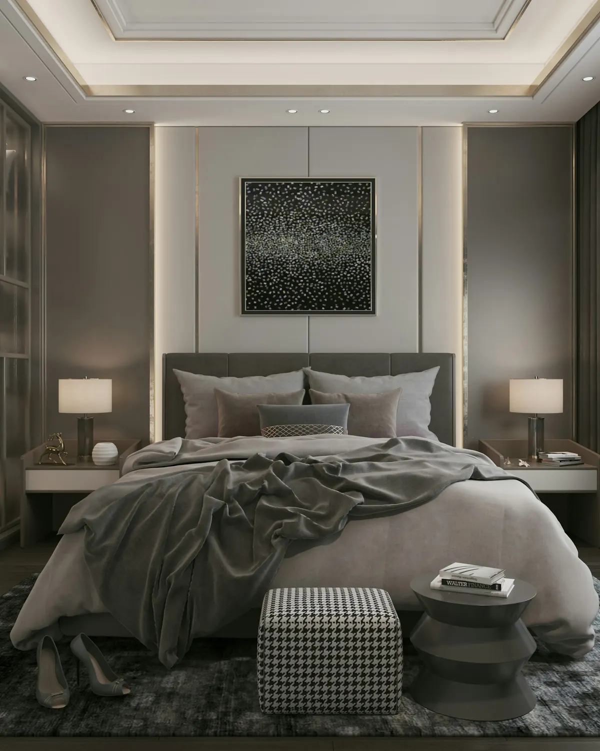 Bedroom with glazed wardrobe wall