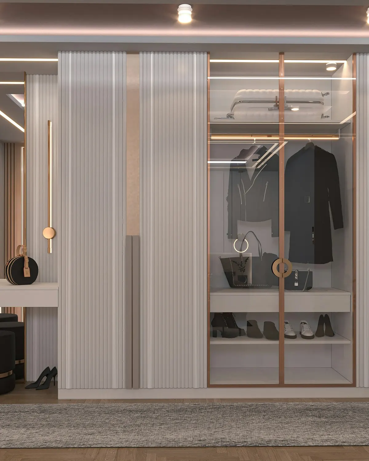 Glass-fronted wardrobe with dressing table