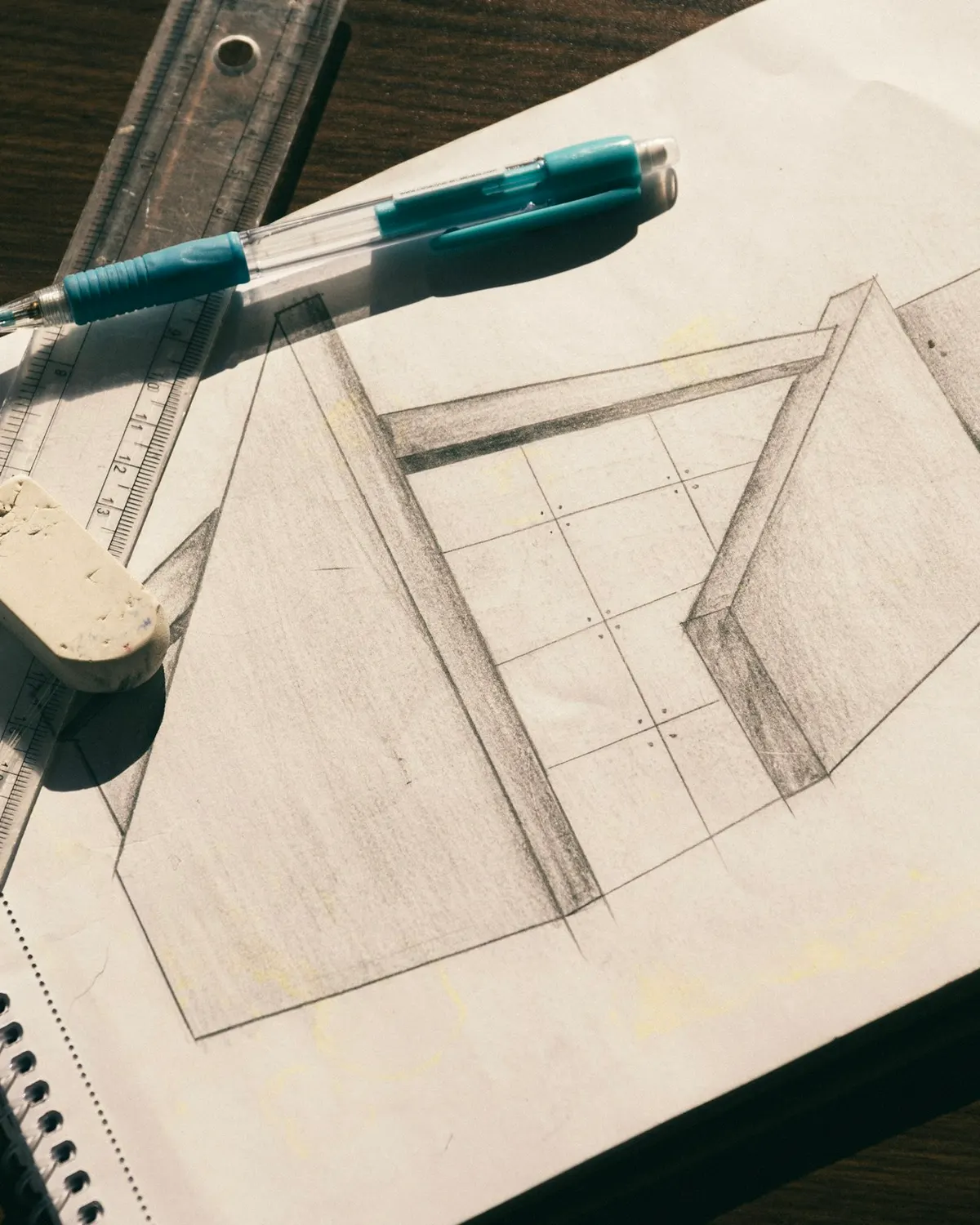 A furniture design drawn in pencil on a drawing board