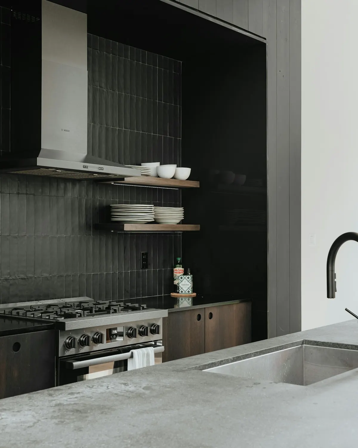 Charcoal kitchen with open shelving