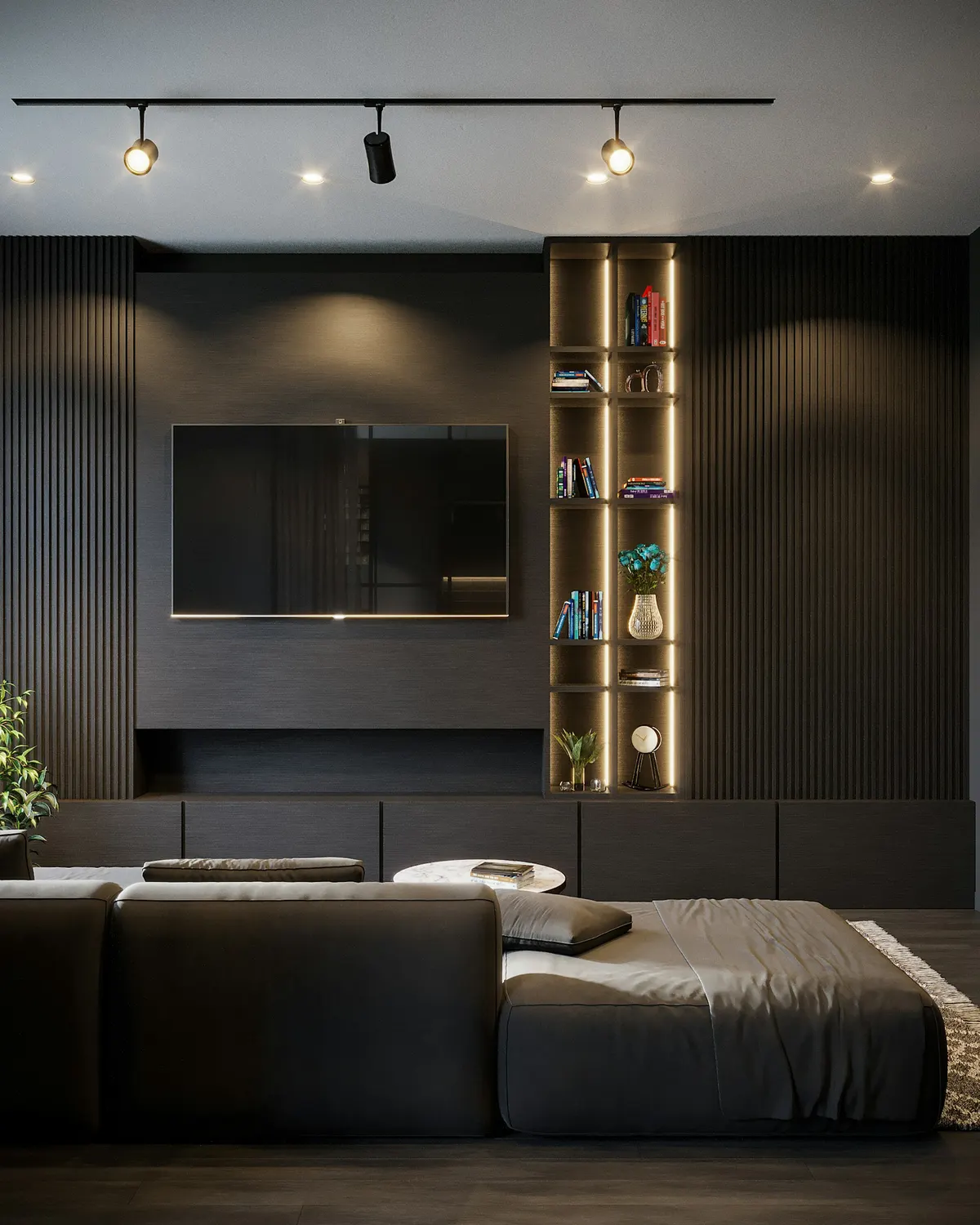 Media wall with display shelving