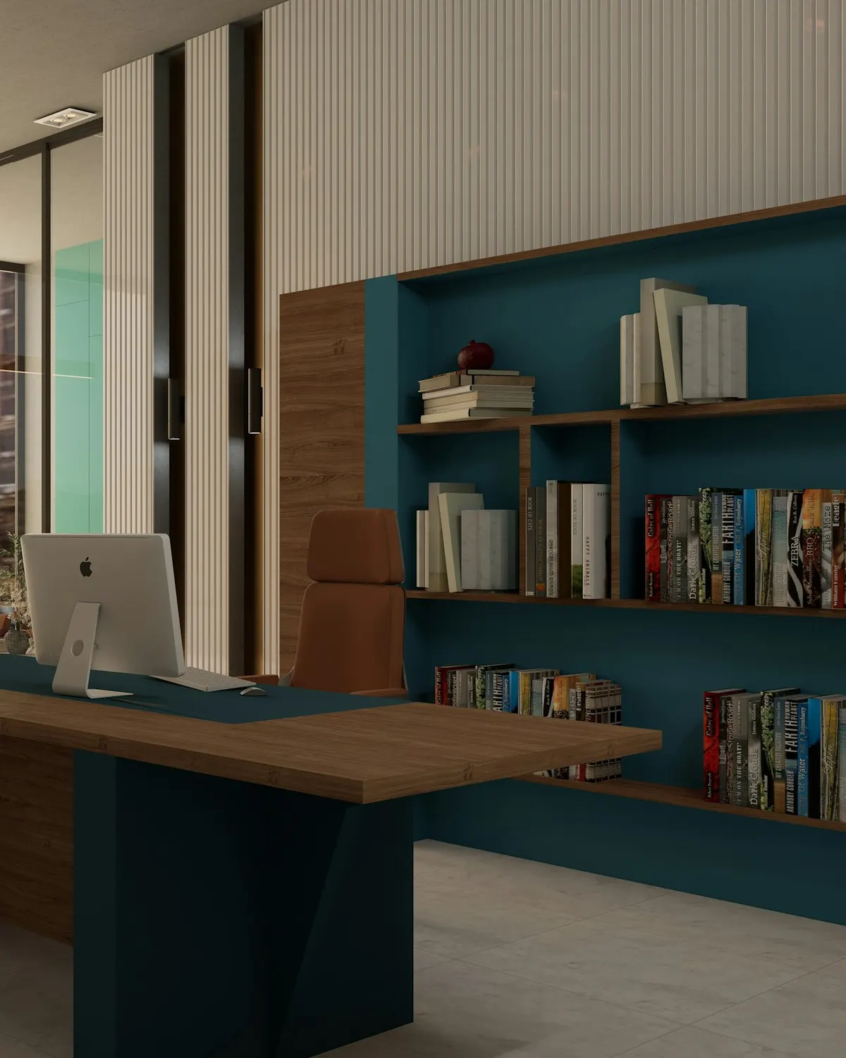 Executive desk with library wall