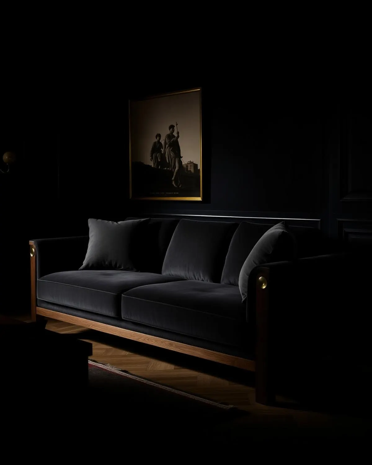 Velvet sofa on an oak plinth
